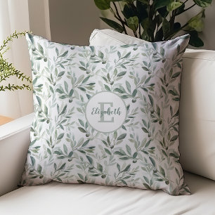 Sage Green Monogram Rustic Olive Pattern Throw Pillow