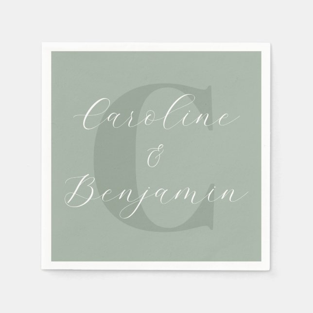 Sage Green Monogram Script Wedding Names Chic Napkins (Front)