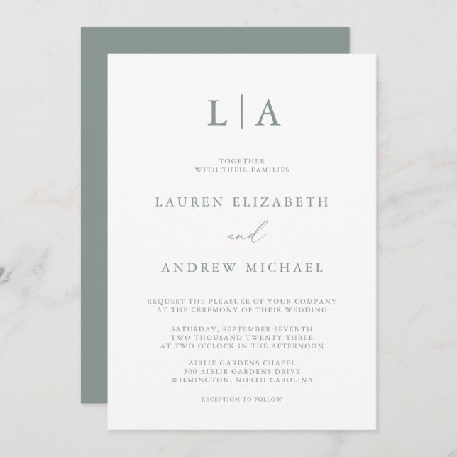Sage Green Monogram Simple Minimalist Wedding Invi Invitation (Front/Back)