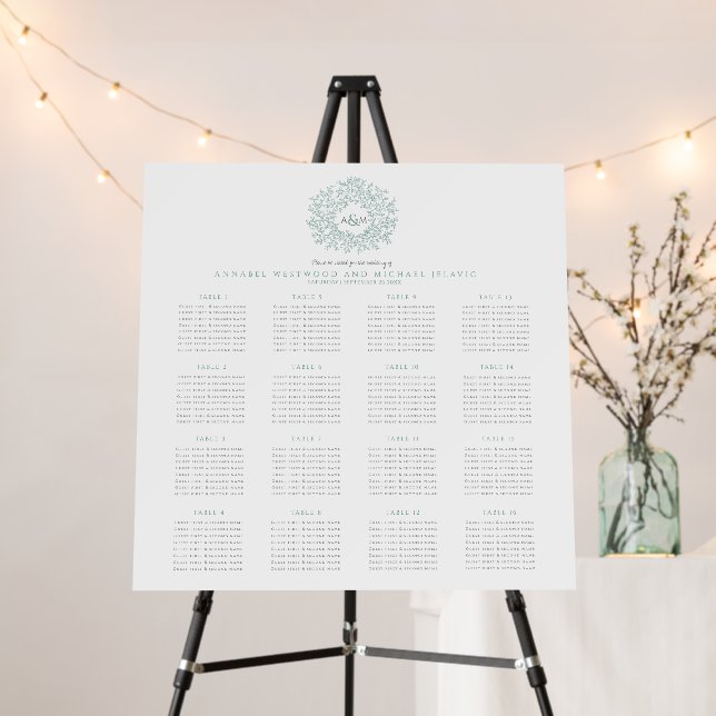 Sage green monogram wedding 16 table seating chart foam board (In Situ (Stand))