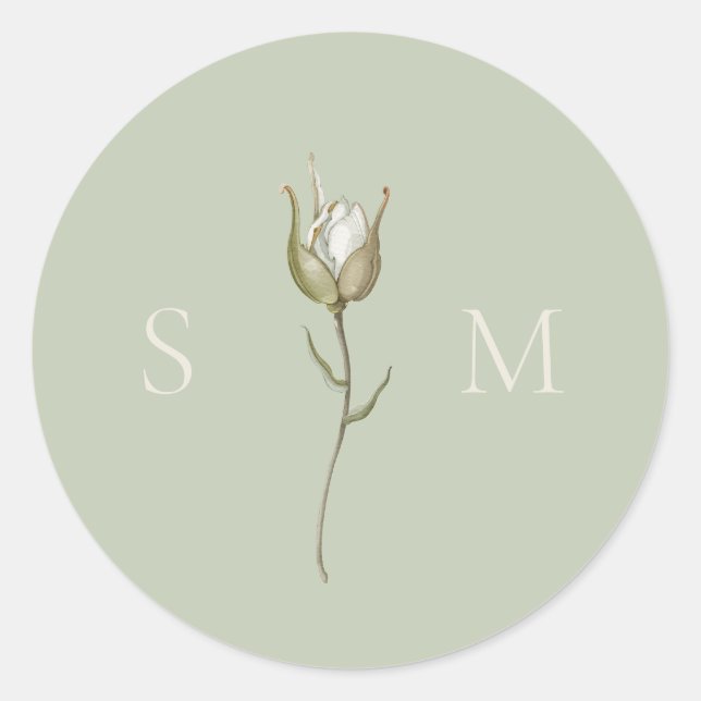 Sage Green Monogram Wedding Classic Round Sticker (Front)