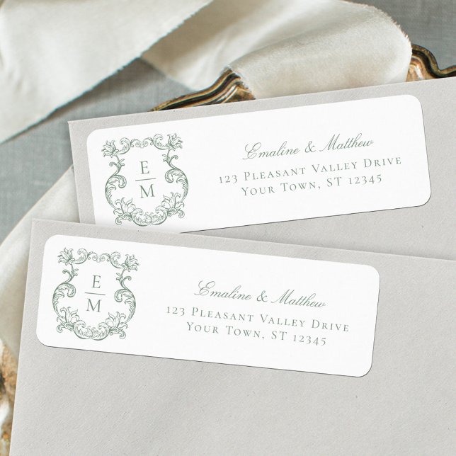 Sage Green Monogram Wedding Crest Return Address Label (Creator Uploaded)