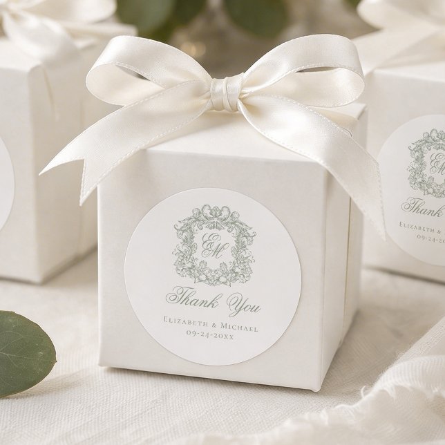 Sage Green Monogram Wedding Crest Thank You Classic Round Sticker (Creator Uploaded)