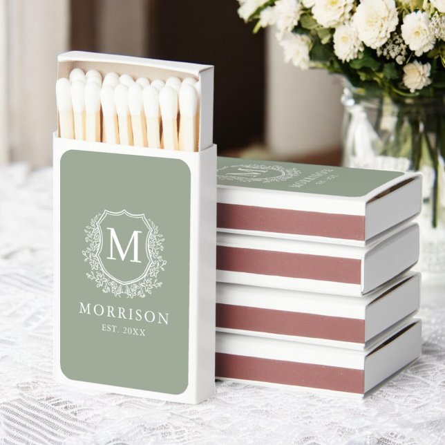 Sage Green Monogram Wedding Floral Crest Matchboxes (Creator Uploaded)
