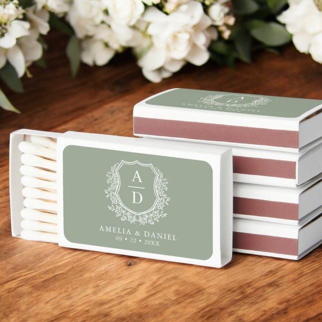 Sage Green Monogram Wedding Floral Crest Matchboxes (Creator Uploaded)