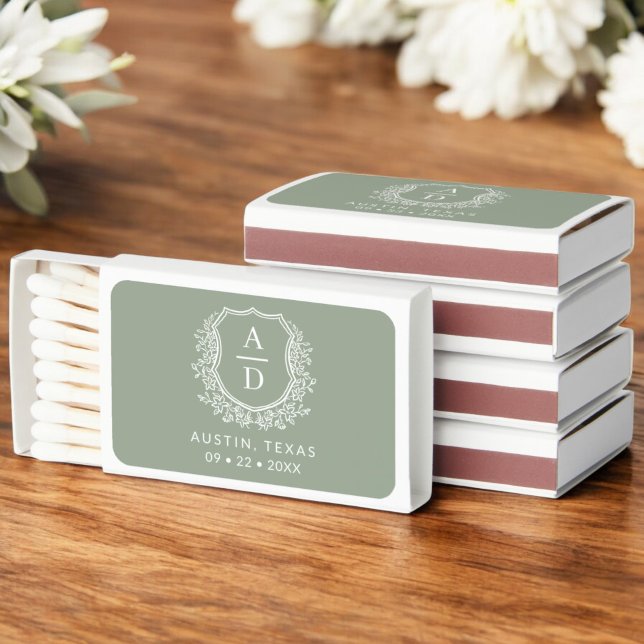 Sage Green Monogram Wedding Floral Crest Matchboxes (Creator Uploaded)
