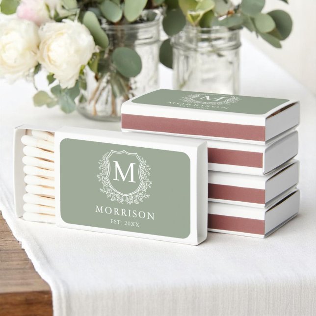 Sage Green Monogram Wedding Floral Crest Matchboxes (Creator Uploaded)