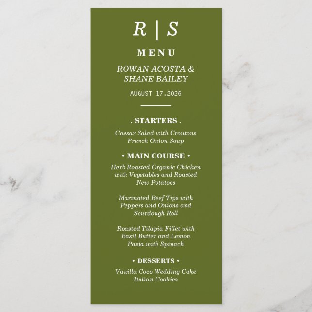 Sage Green Monogram Wedding Menu Card (Front)