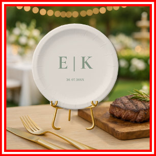 Sage Green Monogram Wedding  Paper Plates