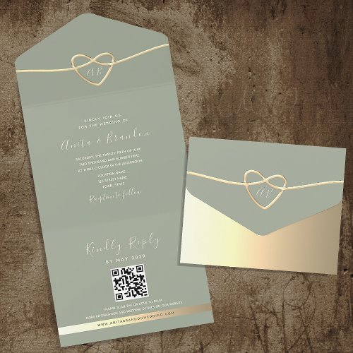 Sage Green Monogram Wedding QR Code All In One Invitation