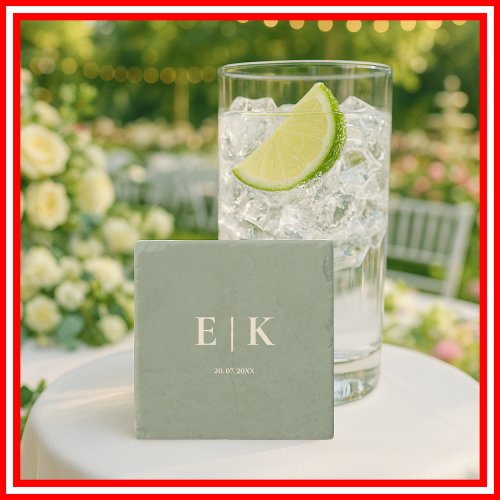Sage Green Monogram Wedding Stone Coaster