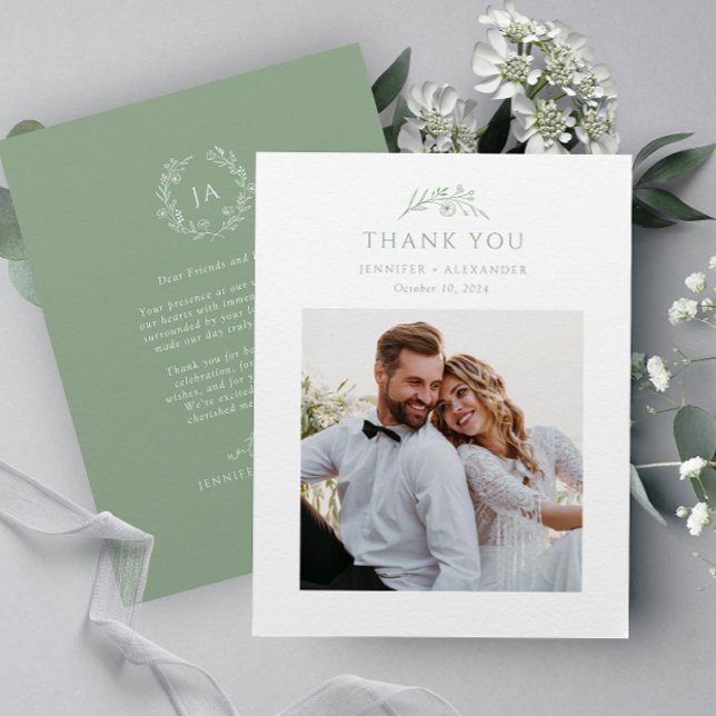 Sage Green Monogram Wedding Thank You Card (Creator Uploaded)