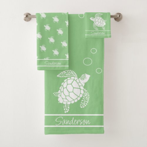 Sage Green Monogram  White Sea Turtle Nautical Bath Towel Set
