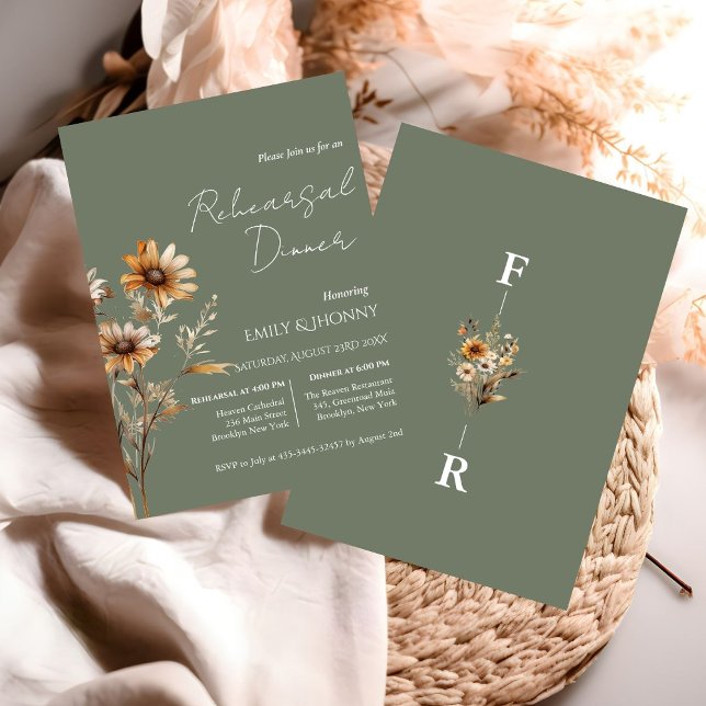 Sage green Monogram Wildflower Rehearsal Dinner Invitation (Creator Uploaded)