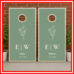 Sage Green Monogram Wildflower Wedding Cornhole Set