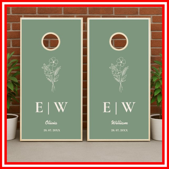 Sage Green Monogram Wildflower Wedding Cornhole Set (Creator Uploaded)
