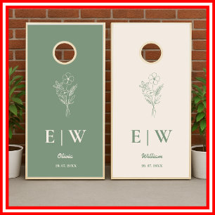 Sage Green Monogram Wildflower Wedding Cornhole Set