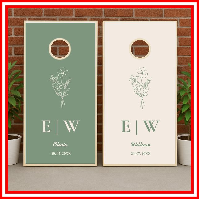 Sage Green Monogram Wildflower Wedding Cornhole Set (Creator Uploaded)