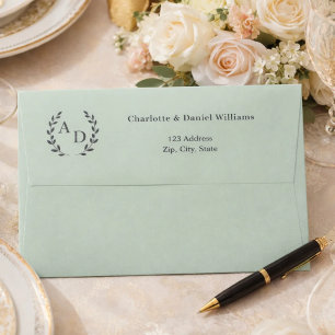 Sage green monogram wreath return address envelope