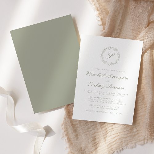 Sage Green Monogram Wreath Script Invitation