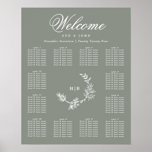 Sage Green Monogram Wreath Wedding 12 Tables  Poster