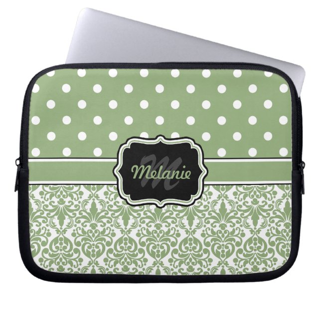 Sage Green Monogrammed Damask Polka Dot Laptop Sleeve (Front)