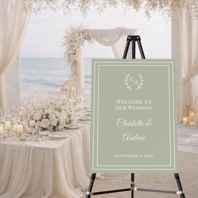 Sage green monogrammed elegant wedding welcome foam board (Creator Uploaded)