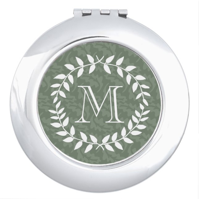 Sage Green Monogrammed Wreath Elegant Botanical Compact Mirror (Front)