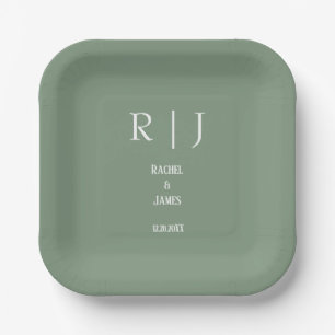 Sage Green Monograms Minimal Modern Simple Wedding Paper Plates