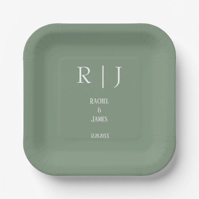 Sage Green Monograms Minimal Modern Simple Wedding Paper Plates (Front)