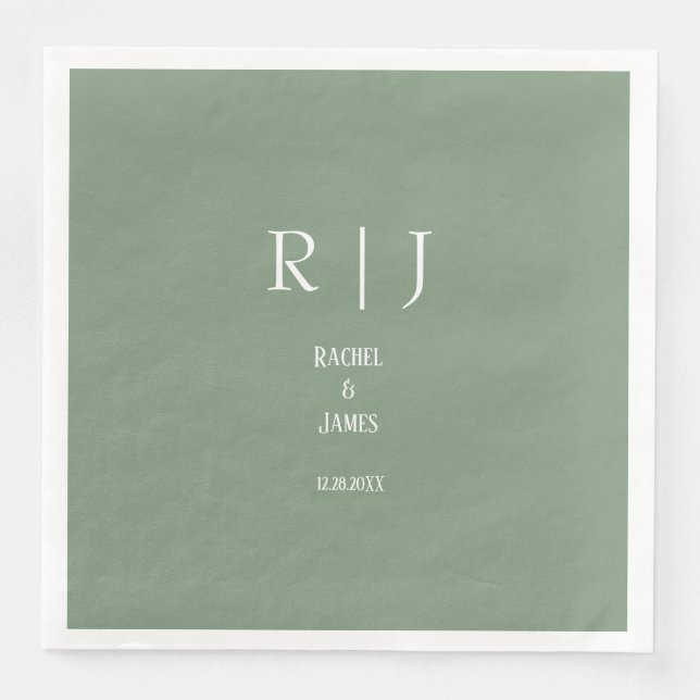 Sage Green Monograms Simple Elegant Modern Wedding Paper Dinner Napkins (Front)