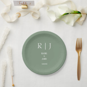 Sage Green Monograms Simple Elegant Modern Wedding Paper Plates