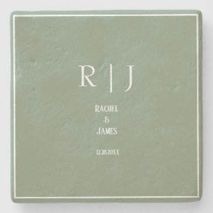 Sage Green Monograms Simple Elegant Modern Wedding Stone Coaster
