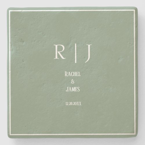 Sage Green Monograms Simple Elegant Modern Wedding Stone Coaster