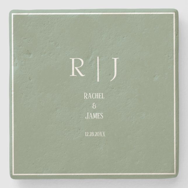 Sage Green Monograms Simple Elegant Modern Wedding Stone Coaster (Front)