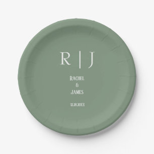 Sage Green Monograms Simple Minimal Modern Wedding Paper Plates