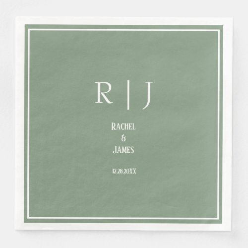 Sage Green Monograms Trendy Elegant Modern Wedding Paper Dinner Napkins