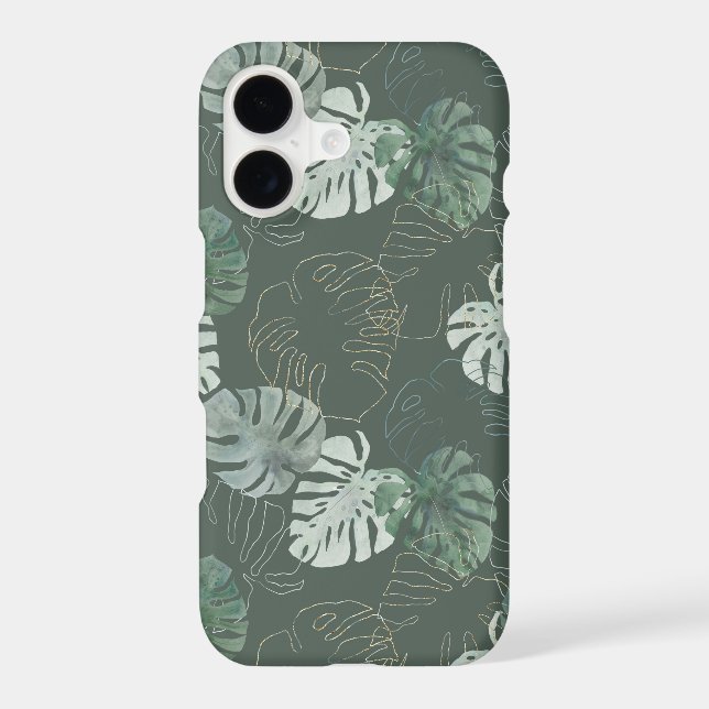 Sage Green Monstera: Elegant Gold Line Art iPhone Case (Back)
