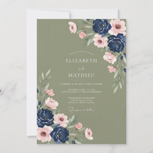 Sage Green Moody Navy Botanical Wedding Invitation (Front)