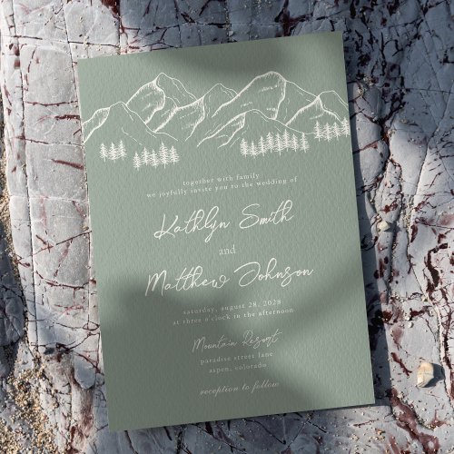 Sage Green Mountain Pine Tree Minimalist Wedding Invitation
