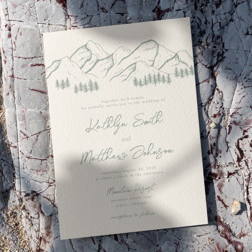 Sage Green Mountain Pine Tree Minimalist Wedding Invitation