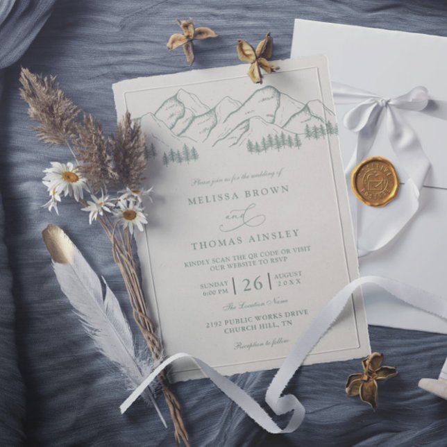 Sage Green Mountain Pine Tree QR Code Wedding Invitation (Creator Uploaded)