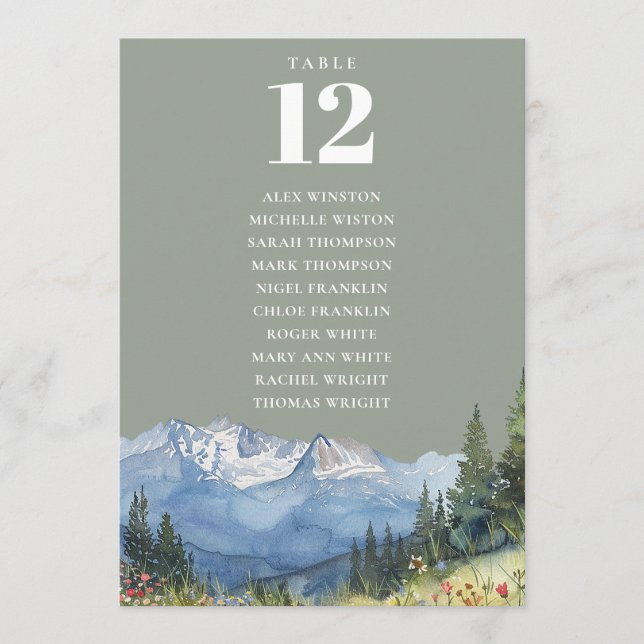 Sage Green Mountain Table Number Seating Chart (Front)