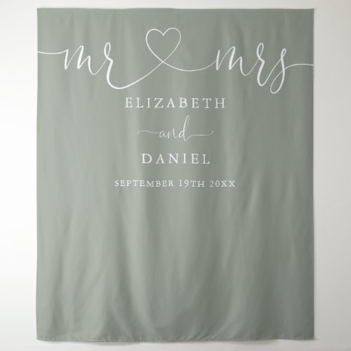 Sage Green Mr And Mrs Heart Script Wedding Tapestry