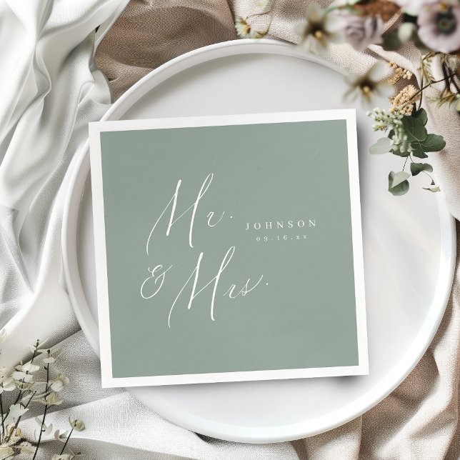 Sage Green Mr. and Mrs. script minimalist wedding Napkins (Sage Green Mr. and Mrs. script minimalist wedding Napkins)