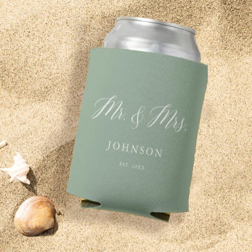 Sage Green Mr and Mrs Wedding Favors Can Cooler