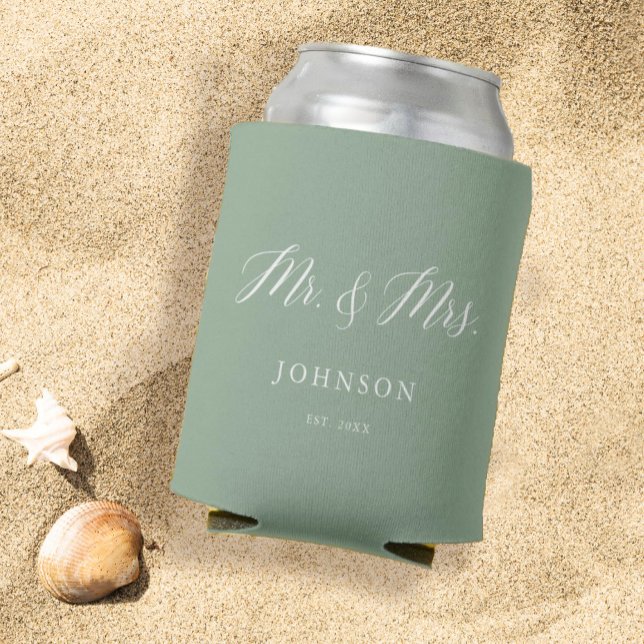 Sage Green Mr and Mrs Wedding Favors Can Cooler (Creator Uploaded)