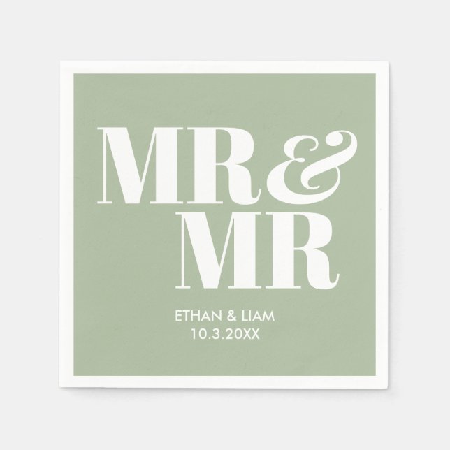 Sage Green Mr & Mr Personalized Wedding Napkins (Front)