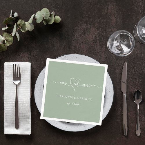 Sage green mr mrs heart script simple wedding napkins