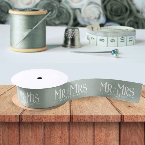 Sage Green Mr  Mrs Newlywed Couple Wedding Satin Ribbon